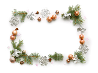 Fototapeta na wymiar Frame made of coniferous branches and Christmas decorations isolated on white background