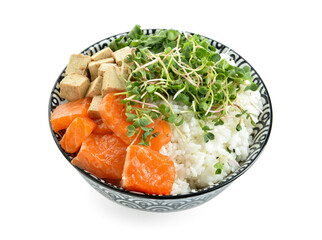 Bowl with tasty rice, salmon and tofu cheese on white background