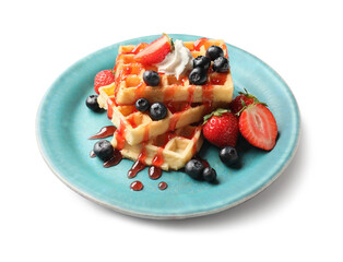 Plate of tasty Belgian Waffles with berries on white background