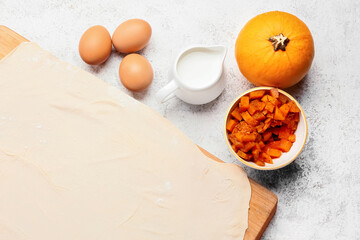Raw dough and ingredients for preparing pumpkin strudel on light background