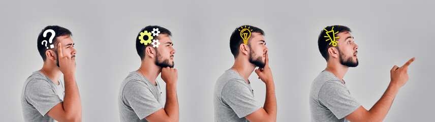 Young man in the studio on a gray background