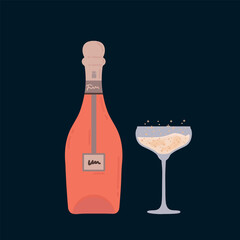 A bottle of red champagne and a glass. Illustration with sparkling wine with glasses of champagne. Poster for a champagne party. Vector illustration