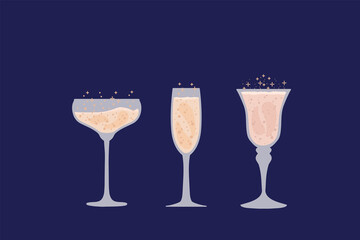 A set of Champagne glasses. Sparkling wine for the party. Beautiful different glasses with an alcoholic drink. Vector illustration
