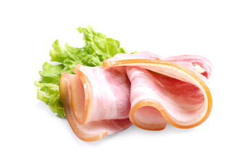 Slices of smoked bacon on white background