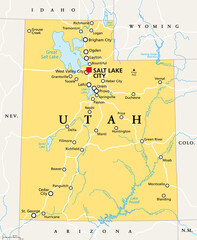 Utah, UT, political map, with the capital Salt Lake City. State in the Mountain West subregion of the Western United States of America, nicknamed Beehive State, The Mormon State, and Deseret. Vector. - obrazy, fototapety, plakaty