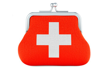 Coin purse with Swiss flag. Budget, investment or financial, banking concept in Switzerland. 3D rendering