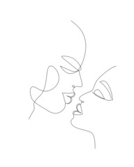 A couple in love in profile. A man and a woman want to kiss. Contemporary abstract art portrait drawn by hand with a line. Vector graphics.