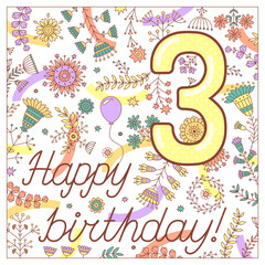 Birthday greeting card. Happy birthday card for children. Vector illustration for kids.