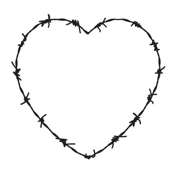 Wire barb heart shape vector border. Jail fence heart frame love prison barbwire