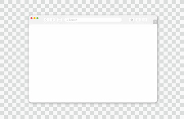 Empty browser window on transparent background. Empty web page mockup with toolbar. Vector illustration