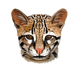 Ocelot, Bengal wild cat from multicolored paints. Splash of watercolor, colored drawing, realistic