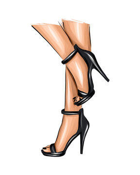 Beautiful female legs. Fashion woman legs in black shoes. Female body parts. Black high heels from multicolored paints