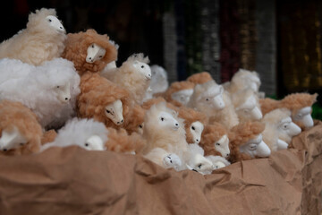 Decorative figures of fluffy sheep. Christmas concept