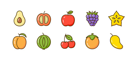 Vector fruit icon set pictogram. Cherry peach avocado mango illustration