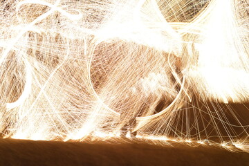 Iron wool circle drawing light fireworks. Burning Steel Wool spinning, Trajectories of burning sparks at night. Movement light effect, steel wool fire hoop. long exposure light painting, Pyrotechnic