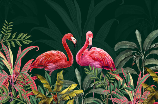 Tropical Leaf Mural. Photo Wallpaper. Wall Art decor for Bedroom Murals Wall Paper. Drawing with tropical leaves and pink flamingos. © antura