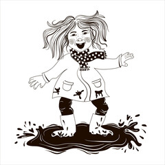 The girl is jumping in a puddle, she is cheerful and laughs, her hair is flying, she is in the mud. The drawing is drawn in black and white. Stock vector illustration isolated on a white background.