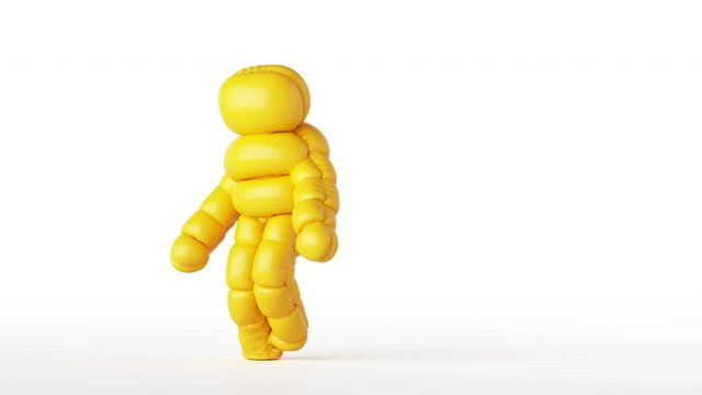 3d looping animation with alpha channel, man wearing yellow halloween costume, inflatable cartoon character jumping and dancing. Isolated on white background. Funny mascot