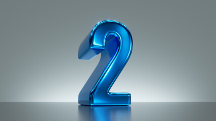 3d render, number two, blue glossy metallic symbol. The second place, top chart