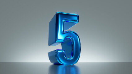 3d render, number five, blue glossy metallic symbol