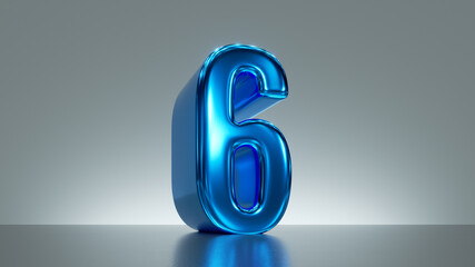 3d render, number six, blue glossy metallic symbol