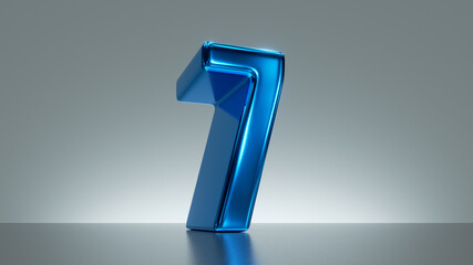 3d render, number seven, blue glossy metallic symbol