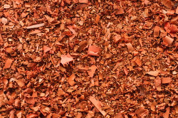 Virutas de madera rojiza. Vista superior y de cerca