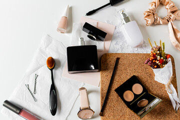 Beauty collage with cosmetics on white background. Flat lay, top view. Modern woman concept.