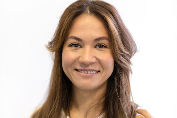 portrait of young asian, caucasian girl with braces, orthodontic system on white background