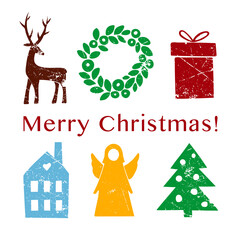 Vector isolated images of Christmas attributes: deer, wreath, gift, angel, tree, house. Colored on a white background. Illustration, grunge. New Year. Merry Christmas! Postcards, posters, invitations.