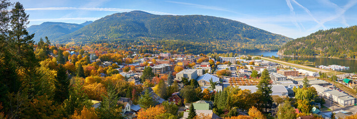 Nelson City BC Autumn Panorama. Nelson is a city located in the Selkirk Mountains on the West Arm...