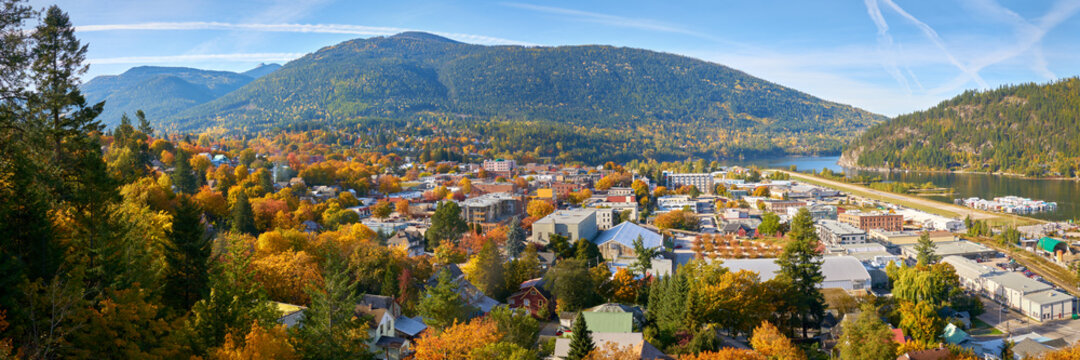Nelson City BC Autumn Panorama. Nelson is a city located in the Selkirk Mountains on the West Arm of Kootenay Lake in the Southern Interior of British Columbia, Canada.

