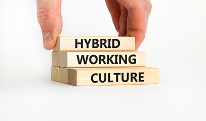 Hybrid working culture symbol. Concept words 'hybrid working culture'. Businessman hand. Beautiful white background. Business and hybrid working culture concept, copy space. - obrazy, fototapety, plakaty