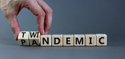 Pandemic or twindemic symbol. Doctor turns wooden cubes and changes the word 'pandemic' to 'twindemic'. Beautiful grey background, copy space. Medical and pandemic or twindemic concept.