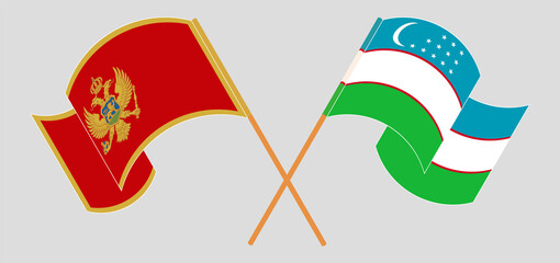 Crossed and waving flags of Montenegro and Uzbekistan