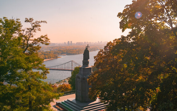 Kiev aerial view dniper city panoramic sunset Volodymyr The Great Monument
