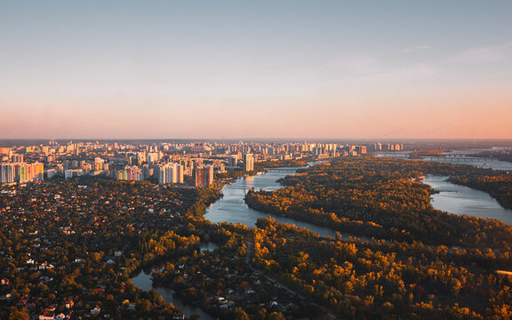 Kiev aerial view dniper city panoramic sunset