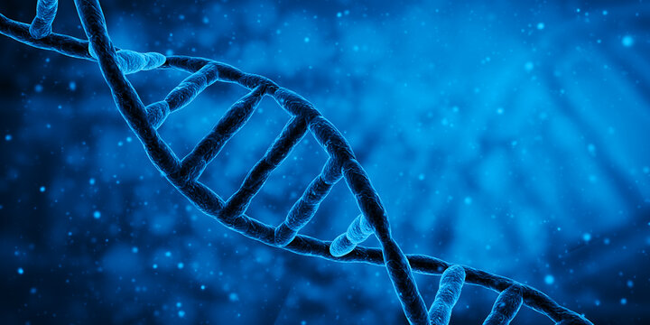 Blue DNA structure science research biology and medical concept. 3d Render illustration