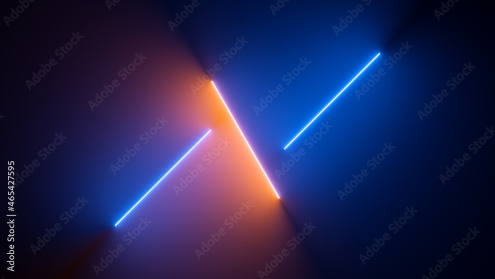 Sticker 3d render, abstract minimal neon background with glowing lines. dark wall illuminated with led lamps