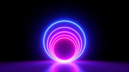 3d render, abstract modern minimal background with neon rings glowing in the dark. Empty stage, showcase with blank round frame for product presentation