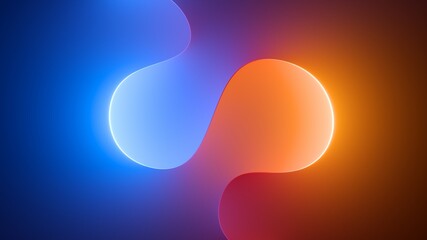 3d render, abstract geometric background illuminated with blue orange neon light. Glowing wavy line. Futuristic minimal wallpaper