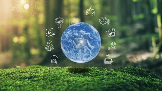 Ecological Green Energy Icons Photo Realistic Earth Plexus Design in Moss Forrest 3D Render Motion Graphic