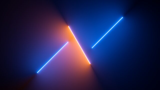 3d render, abstract minimal neon background with glowing lines. Dark wall illuminated with led lamps. Blue orange wallpaper