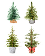 Fototapeta na wymiar Watercolor set of Christmas trees in a basket isolated on a white background. Scandinavian style illustration for your design.
