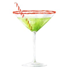 Green Christmas cocktail in a glass on white background. Drink illustration.	
