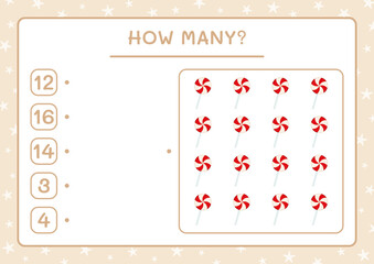 How many christmas lollipop, game for children. Vector illustration, printable worksheet