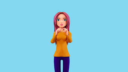 3d cartoon character isolated on a blue background. Woman shows a heart gesture, 3d render. Smiling young woman with pink hair makes a gesture I love you. 3d illustration for Valentine's Day.