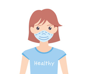 Girl or young woman wearing face medical mask isolated, COVID-19 or flu virus epidemic prevention cartoon vector avatar icon, allergy, air pollution protection.