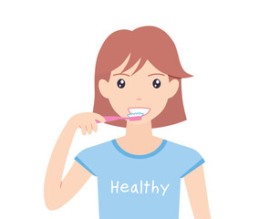 Girl brushing teeth holding a pink toothbrush isolated flat vector cartoon illustration