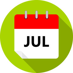 white and red calendar page with July month abbreviation JUL written in black and a green circle background whith shadows clipart vector editable changeable image
